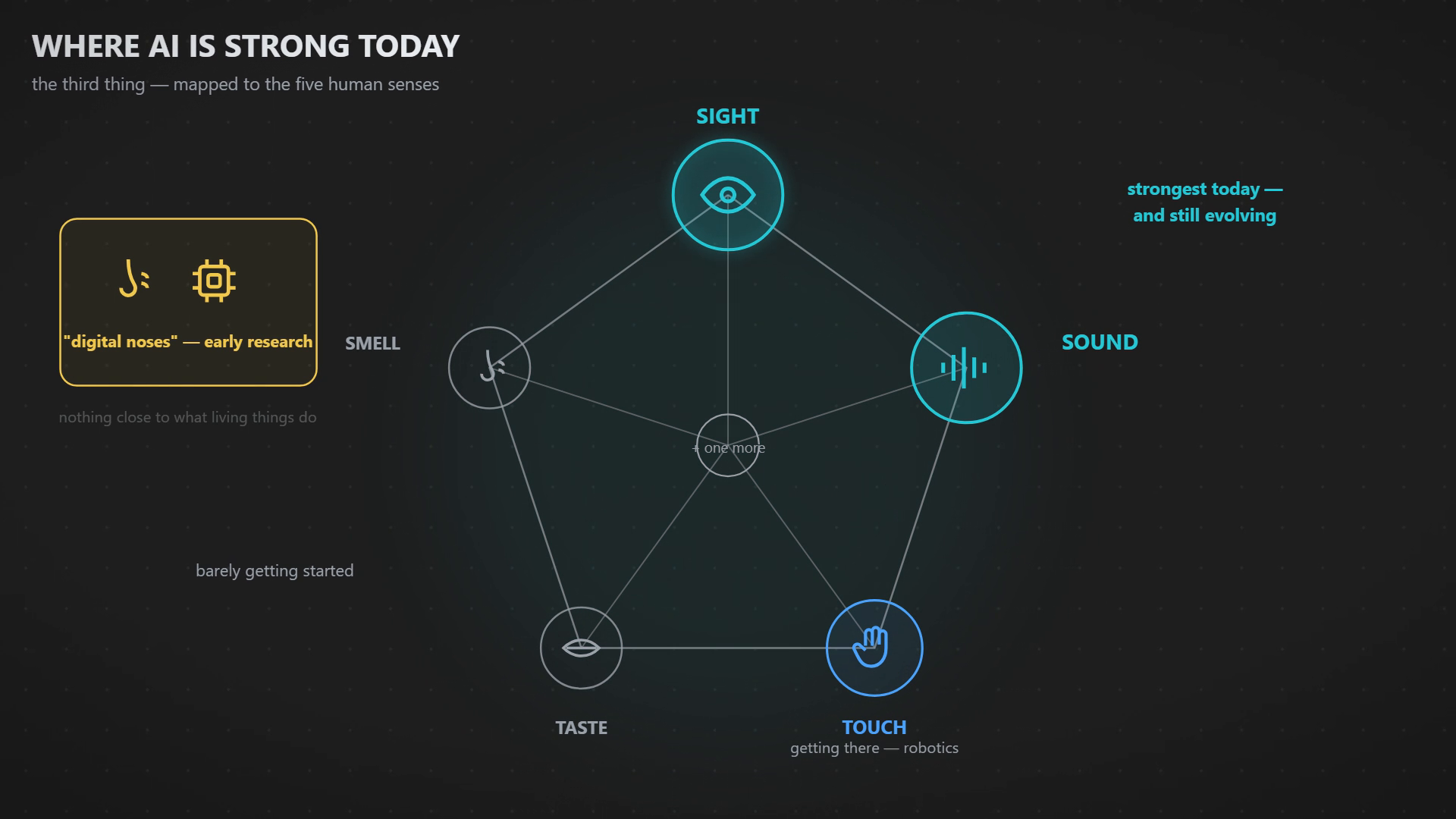 The five-senses radar: sight and sound strong, taste and smell barely started